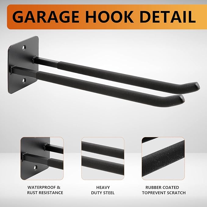 Sinoer Heavy Duty Garage Double Hooks, Utility Steel Garage Hooks,14 Inch Square Tube Double Garage Wall Mounting Hooks for Chairs, Ladders, Ropes and Strollers-(2 Pack