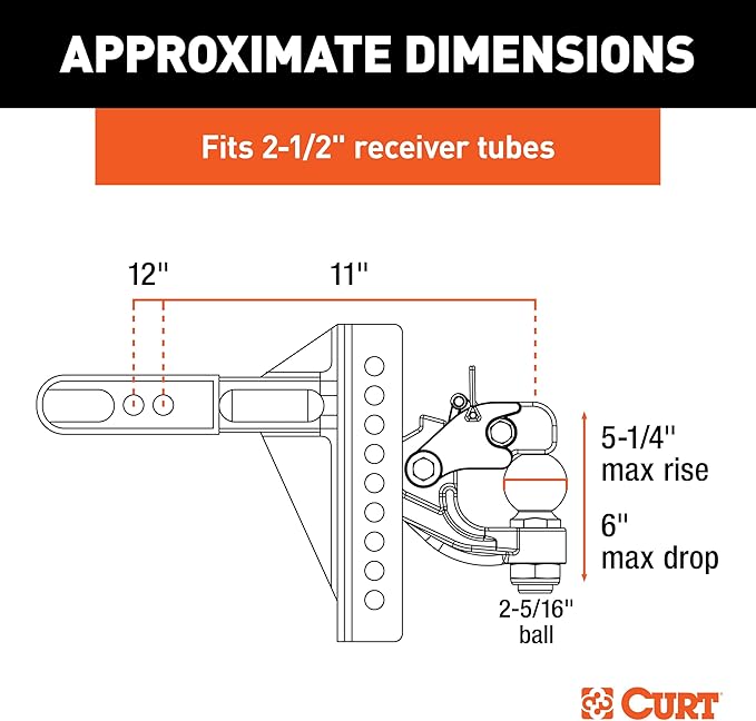 CURT 45908 Adjustable Pintle Hitch Combination, 2-1/2-Inch Receiver, 6-Inch Drop, 2-5/16-Inch Ball, 20,000 lbs