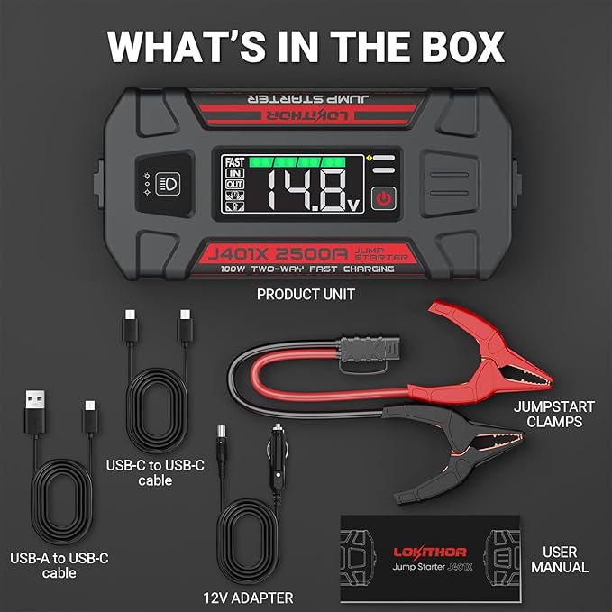 LOKITHOR J401X Jump Starter, -40℉ Auto-Heating Tech, 2500A 12V Battery Jumper Starter Portable, Lithium Car Battery Booster Pack (8.5L Gas/6.5L Diesel), Jump Box with 100W Fast Charging, LED Light
