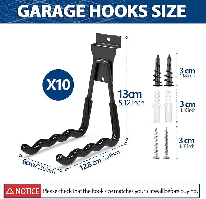 3-H 10 Pack Wave Shape Slatwall Hooks, Heavy Duty Slatwall Accessories, 1 Hook Equals 4 Standard Slatwall Hanging Hooks for Garden Tools & Garage Storage(Black)