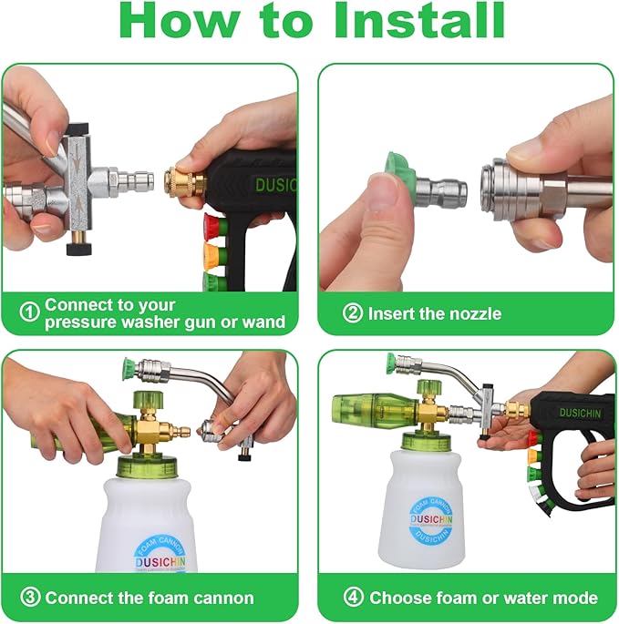 DUSICHIN Pressure Washer Gun Foam Cannon Dual Connector Shift Valve, Car Wash Foam Cannon Kit 1/4 Inch Quick Connector 5 Pressure Washer Nozzle Tips Build-in Design Work with A Pressure Washer DUS2703