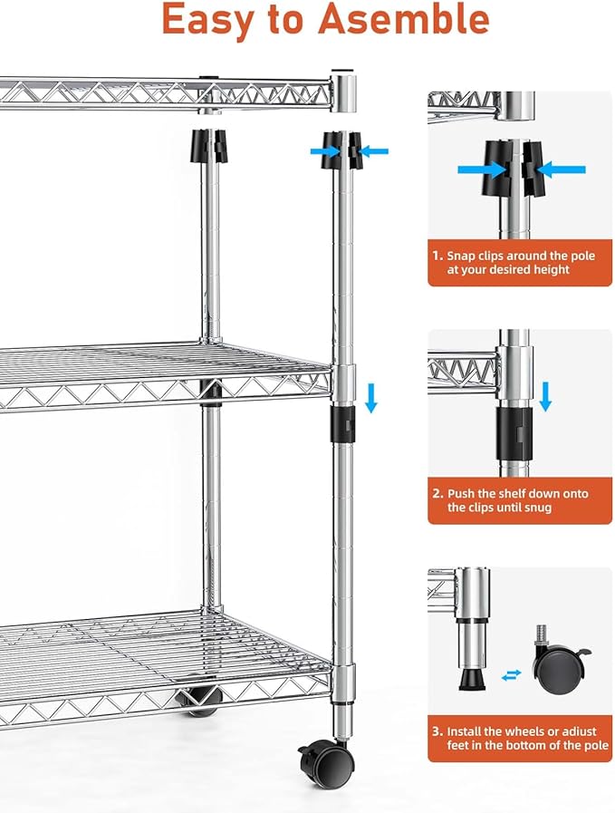 Simple Deluxe 3-Tier Heavy Duty Storage Shelves 750Lb Capacity, 24.02" D x 13.78" W x 21.97" H Shelving Unit for Pantry, Garage, Laundry and Kitchen, Chrome, 2 Pack