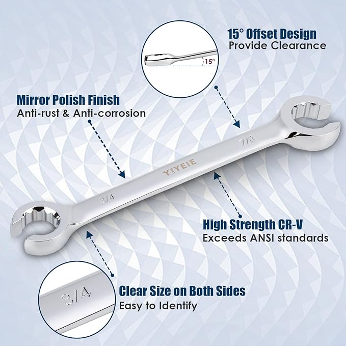 12-Point Flare Nut Wrench Set Metric & SAE, 8mm-19mm & 1/4"-7/8", 11PCS Offset Line Wrench Set for Brake, Fuel and Tubing, CR-V Steel, Double Open End with Organizer Pouch for Removing Nuts