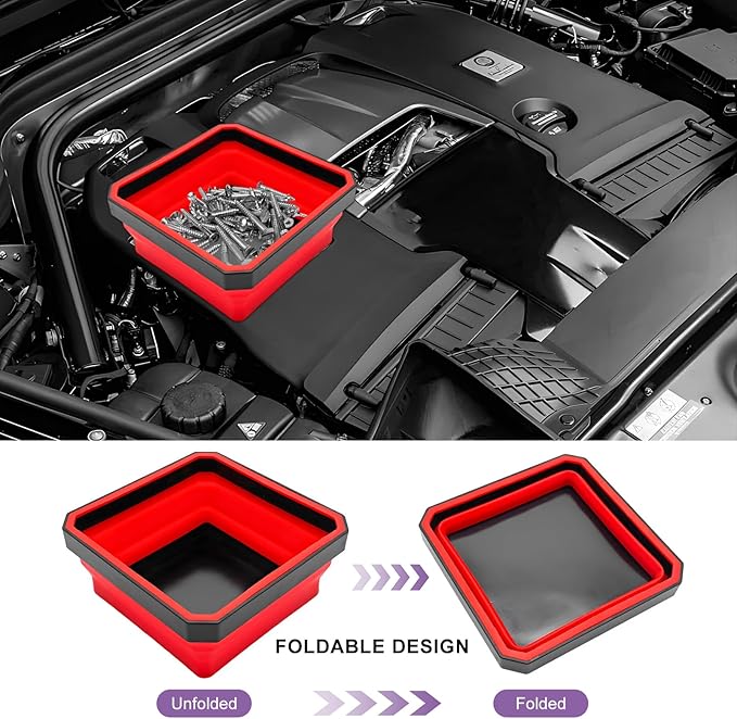 Collapsible Magnetic Parts Tray, 4.5" Square Silicone Metal Parts Organizer Double-Sided Magnet Bowl, Foldable Magnetic Tool Trays for Screws Bolts Nuts Washers Pins (Red)
