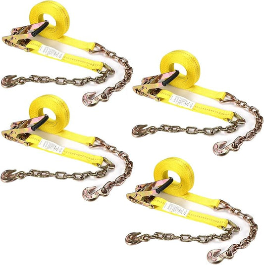 Heavy-Duty Tie Down Ratchet Straps with Chain Ends with Grab Hook, 2‘’ X 27ft, 10,000 lbs Break Strength, Ratchet Strap with Chain Anchors Ideal for Securing Cargo to Flatbed Trailer, 4 Pack