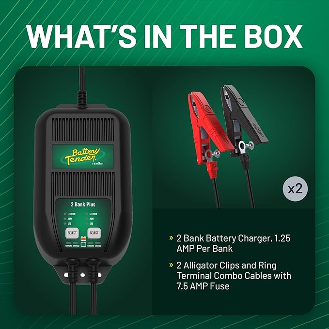 Battery Tender Plus 2 Bank Multibank Charger - 2.5 AMP (1.25 AMPs Per Bank) - Smart 12V Multi Battery Charger and Maintainer for Standard, AGM, and Lithium LiFePO4-022-0165-DL-WH