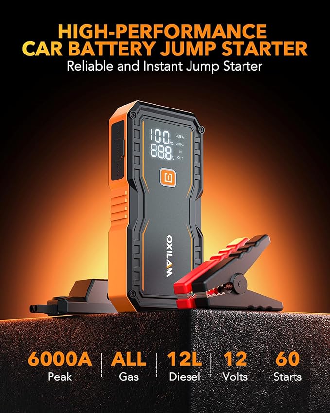 OXILAM Jump Starter 6000A for All Gas/12L Diesel, Car Battery Jumper Starter Portable, 12V Lithium Jump Box with Jumper Cables, LED Display, LED Light, Power Bank with USB, Type C Port