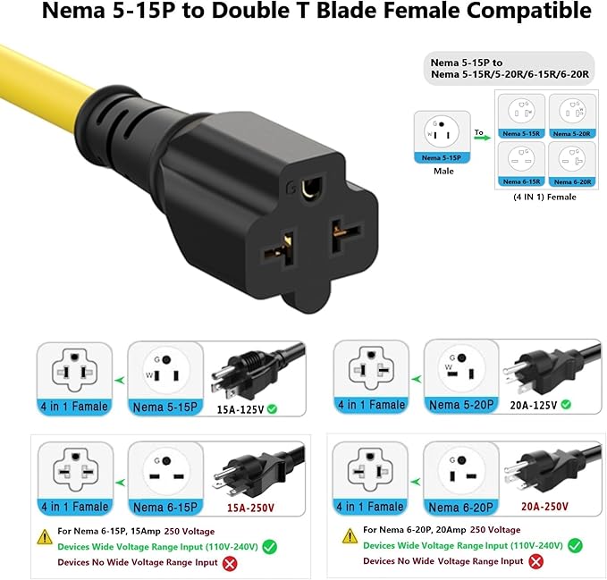 6FT Heavy Duty 15Amp Right-Angle Extention Cable, 12AWG 90-Degree 15 Amp Household Plug to 20 Amp T Blade Adapter cord, Nema 5-15P to 5-20R,5-15P to 6-15R/20R, 125V 15A to 20A AC Power Cable Extension