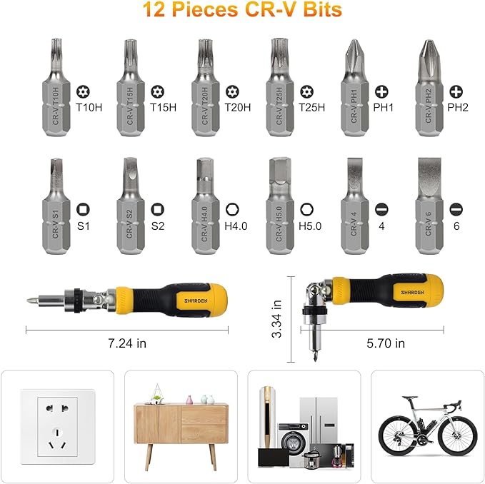 SHARDEN Ratcheting Multi Bit Screwdriver - 13-in-1 Tool Set, Flat Head/Square/Torx/Hex/Phillips, 180 Degree Pivoting Adjustable Angle Magnetic Screwdriver