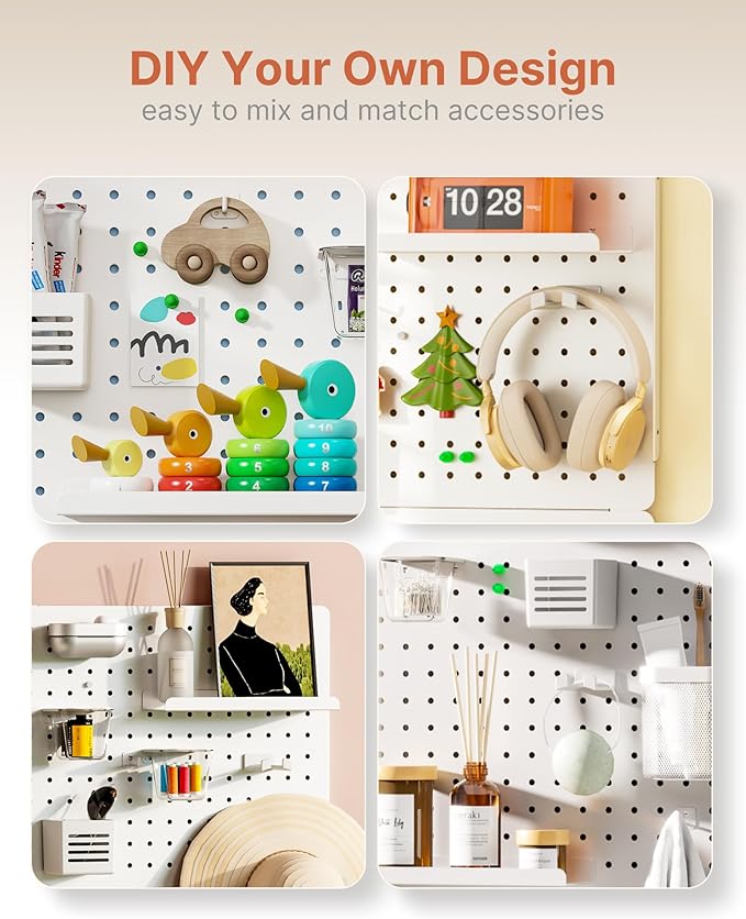 PEGZONE Pegboard Wall Organizer Combination Kit,Overall 33.1"x20.5" Metal Office Pegboard with 19 Accessories, Wall Mounted Peg board Display Panels for Home, Gaming Room, Garage (2Pcs,White)