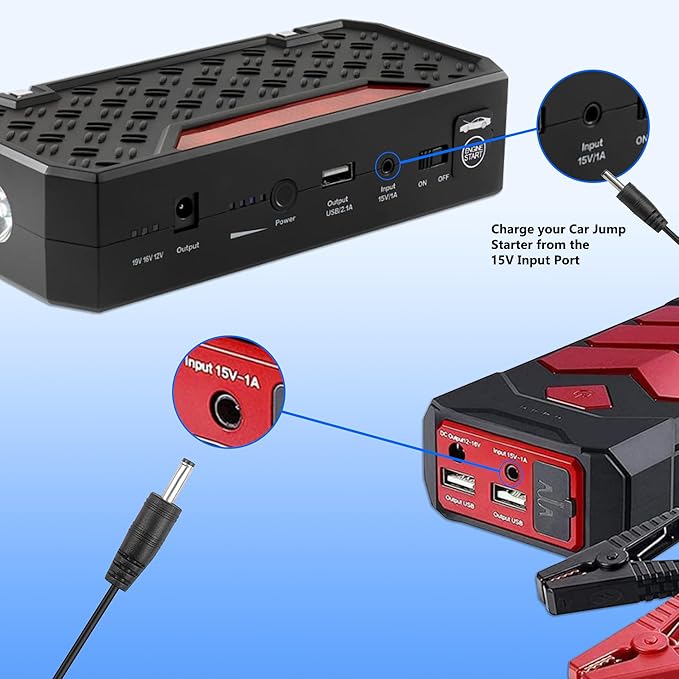 Car Jump Starter Charger - 15V 1A Power Supply Adapter with Charging Cable for Peak 450A-1000A Auto Battery Boosters, Compatible with Beatit, Tacklife, Gooloo & More Portable Jump Starters