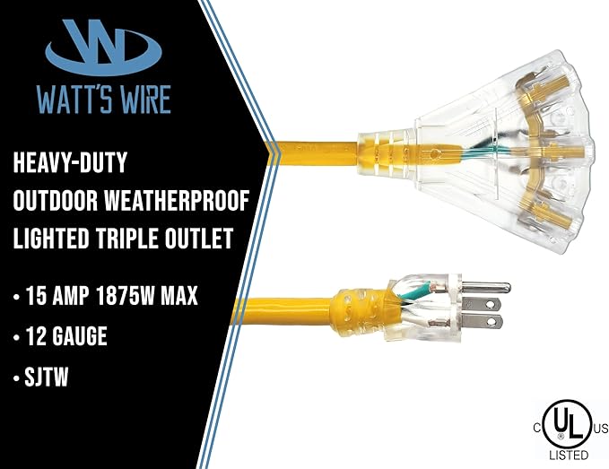 15 ft Outdoor Extension Cord Waterproof - 12 Gauge Heavy Duty Extension Cord 15 ft - Lighted Outdoor Extension Cords with Multiple Outlets - Watts Wire - 15' Grounded - extensiones electricas