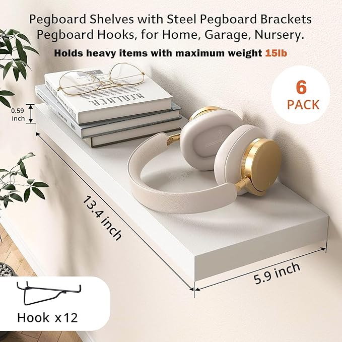 Pegboard Shelf Set - 6 Heavy Duty Peg Board Shelves & Steel Brackets, Organizer for Storage, Garage, Workbench, Craft, Office
