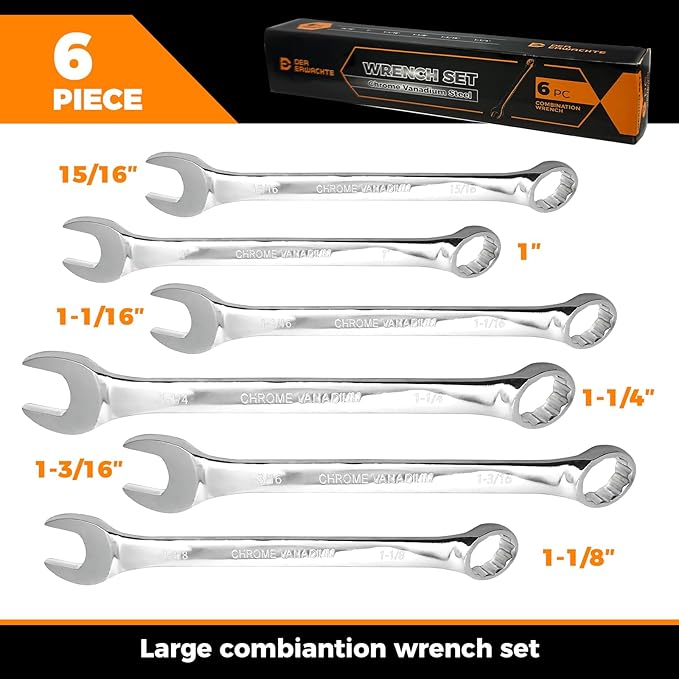 Large Wrench Set with Rolling Pouch, SAE, 6-Piece, 15/16″, 1″, 1-1/16″, 1-1/8″, 1-3/16″, 1-1/4″, 12 Point, Chrome Vanadium Steel