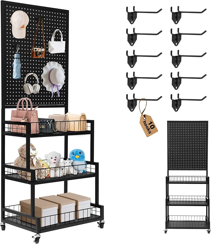 NectaCol Pegboard Panels, 3-Tiers Metal Pegboard Display Stand with Peg Board Panel, Standing Pegboard Display Rack, Craft Show Display, Art Display and Retail Display Stand with 10 Hooks - Black