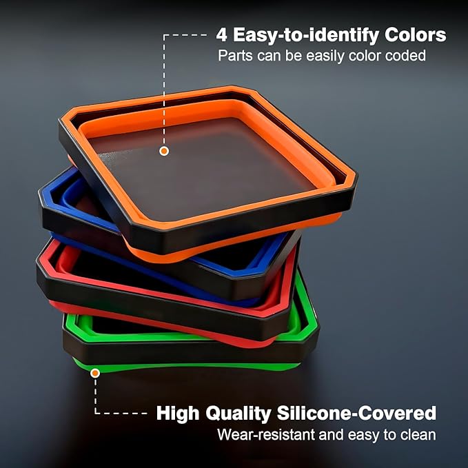Collapsible Magnetic Parts Tray Set, 4 Pack Foldable Silicone Magnetic Tool Trays for Bolts Screws Nuts & Small Metal Parts, 4.5” Upgraded Square Silicone Bowls with Dual-Sided Magnetic Base