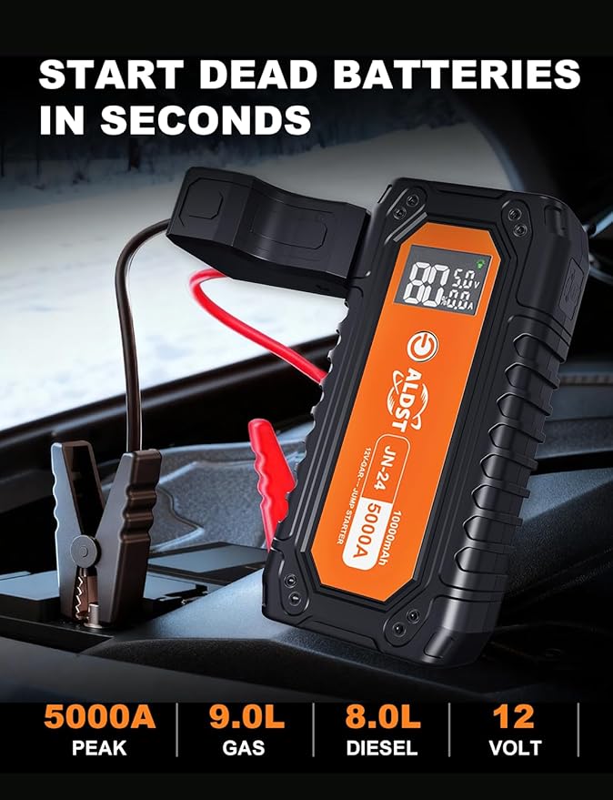 Car Battery Jump Starter 5000A, 45W PD Super Fast Charging Technology, 12V Portable Battery Jumper Booster Box with Cables LED Display Flashlight for 9.0L Gas 8.0L Diesel Engines