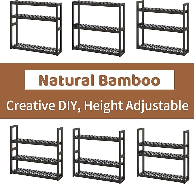 FILWH Bathroom Shelf Bamboo Organizer Rack Adjustable 3-Tier Storage Shelf Wall Mounted Storage Rack Over The Toilet Utility Shelves Living Room Kitchen Shelf(Black)