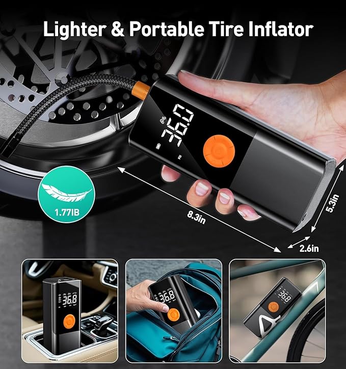 Tire Inflator Portable Air Compressor, Air Pump for Car Tires with LED Light, Cordless Tire Pump with Pressure Gauge,Tire Inflator for Car, Motorcycle, Bike