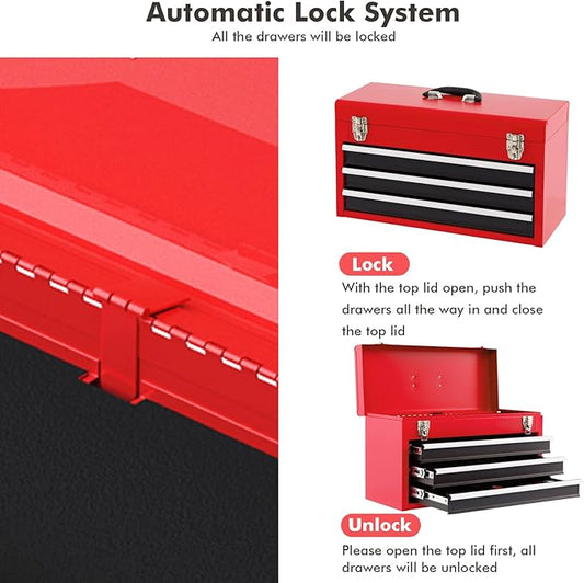 Goplus Tool Box with 3 Drawers, 4-Tier 20.5" Portable Tool Chest Organizer with Top Tool Tray, Auto Lock, Protective Liner, Handle, Steel Metal Small Toolbox for Gargae, Workshop, Home