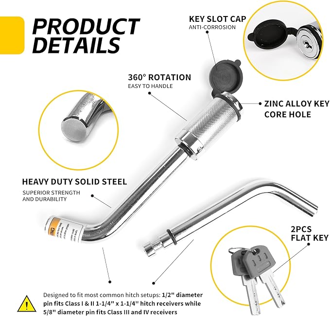 MaxxHaul 50058 Hitch Receiver Lock with 1/2" and 5/8" Pins - Universal Anti-Theft Trailer Lock for Class I, II, III, IV, and V Receivers - Press-to-Lock Technology with 2 Keys - Chrome Finish