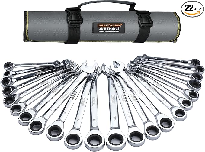 AIRAJ Combination Wrench Set,22-Piece Ratcheting Wrench Set,Long Open End,72-Tooth Ratchet Drive,CR-V Steel,Organizer With Tool Roll Bag,1/4"-3/4" & 6-18mm,SAE & Metric