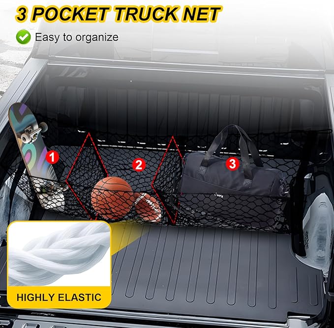 Gestec 3 Pocket Truck Bed Cargo Net for Toyota Ford Dodge GMC Chevy Silverado, Universal Pickup Mesh Storage Net 47.2" x 11.8" Stretchable Elastic Truck Bed Grocery Holder Net with 4 Ball Bungees