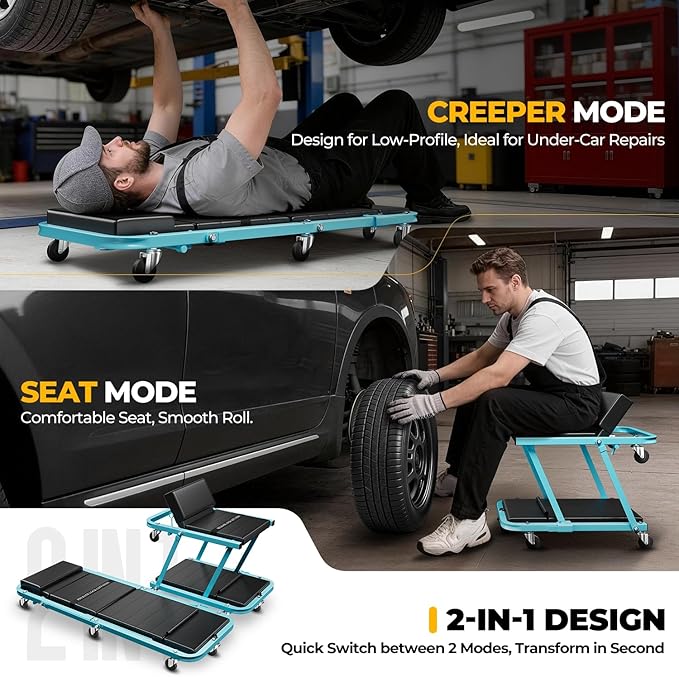 Auto Dynasty 48" Z-Creeper Seat, 2-in-1 Foldable Garage Creeper Shop Seat, 330 LBS Capacity Automotive Mechanic Repair Under Car Rolling Creeper Seat, Sky Blue