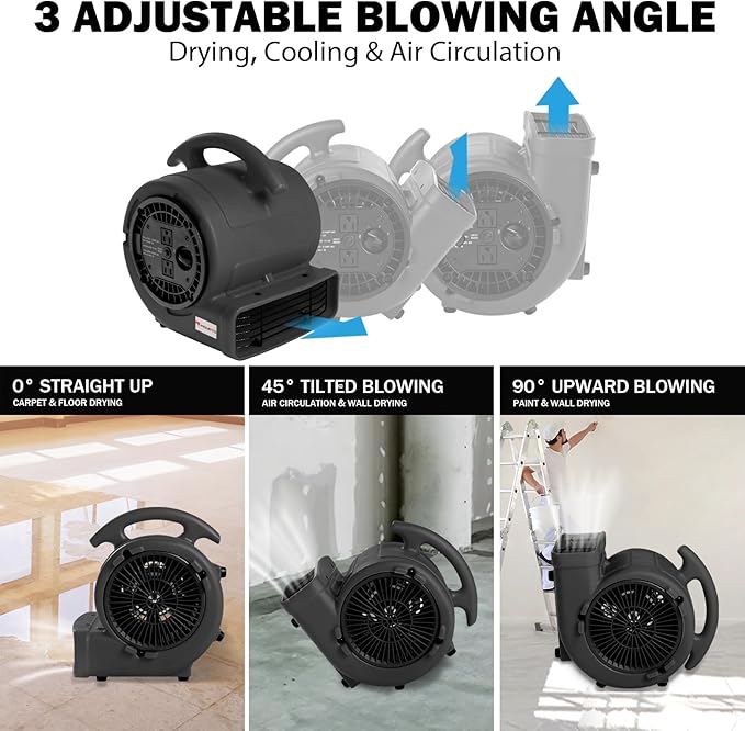 MOUNTO 1/5hp Air Mover 800cfm Blower Fan Carpet Floor Drying Fan - 3-Speed Compact Air Mover w/Dual Outlet, 10ft Power Cord for Drying, Cooling, Air Circulation (Black)