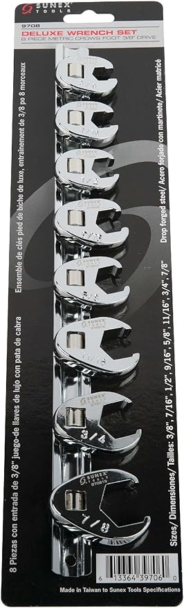 SUNEX TOOLS 9708 3/8-Inch Drive Fractional Crowfoot Flare Nut Wrench Set, 3/8-Inch - 7/8-Inch, Fully Polished, 8-Piece