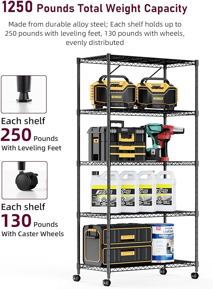 Simple Deluxe Heavy Duty 5-Shelf Storage Shelving Unit, 1250lbs Loading Capacity, 29.92" D x 13.98" W x 61.09" H, Black, 2 Pack