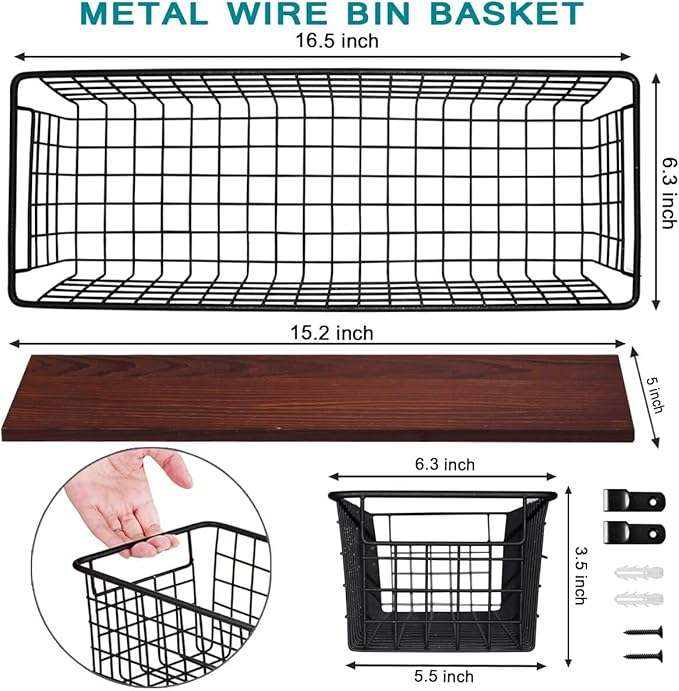 4 Set [Extra Large] Portable Metal Farmhouse Wall Decor Storage Organizer Basket Bin with Handles and Floating Shelves for Hanging in Entryway,Bathroom,Kitchen-Wall Mount Hooks Included (4, Black)