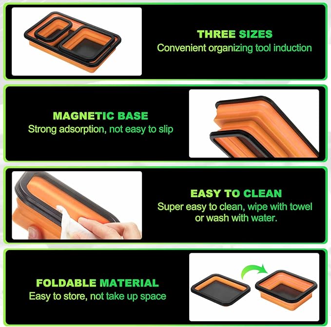 HARFINGTON 3pcs Collapsible Magnetic Parts Tray Set 3 Different Size Foldable Small Metal Parts Tool Tray Rectangle Silicone Bowls for Fixing Screw Bolts Nuts Washers Pins, Orange