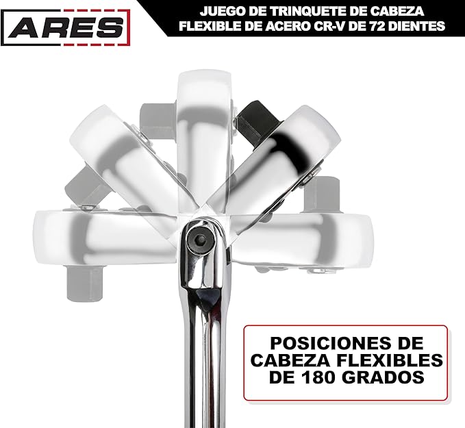ARES 42040 - Flex Head Ratchet Set - 4-Piece 72-Tooth Ratchets - Premium Chrome Vanadium Steel Construction & Chrome Plated Finish - Quick Release Reversible Design with 5 Degree Swing