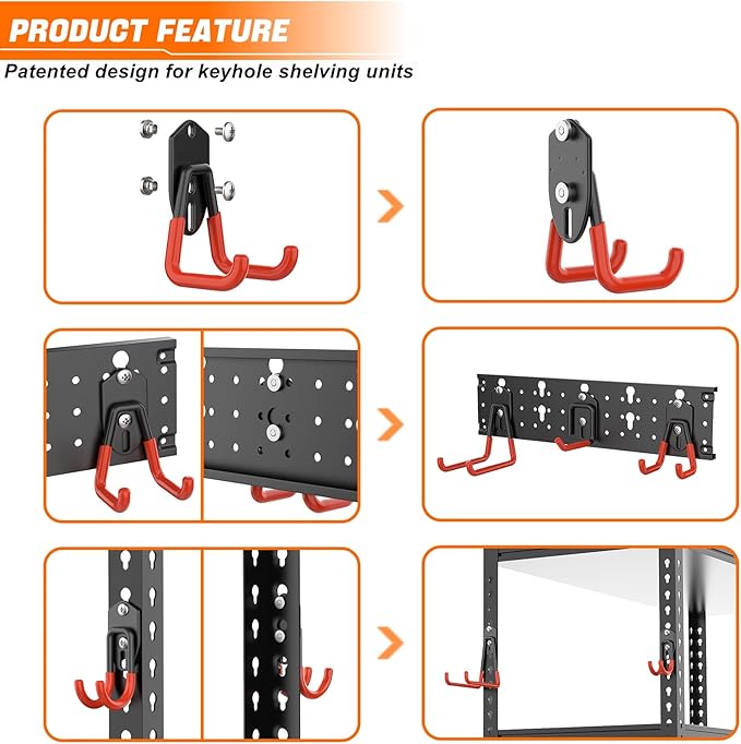 TORACK 24 PCS Garage Storage Hooks with Tracks, Wall Mount Tool Organizer for Garden Tools, Ladders, Cords, Folding Chairs, Shovels and Rakes, Shelving Hooks for Keyhole Style Shelving Units