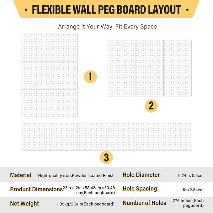 DEWEL Wall Organizer Peg Board, 3Pcs Metal Pegboard Panels with Hooks, 23" x 12" Heavy Duty Pegboard Wall Organizer for Workbench, Workshop, Office, Craft Room (3pcs white)