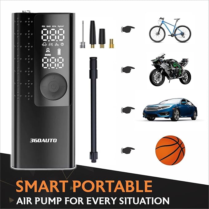 Portable Air Compressor Tire Inflator Pump – Cordless Electric 5X Faster Air Pump for Car, Bike, Ball & More – 150 PSI with Pressure Gauge, Battery Powered, Auto-Off, Accessories Included