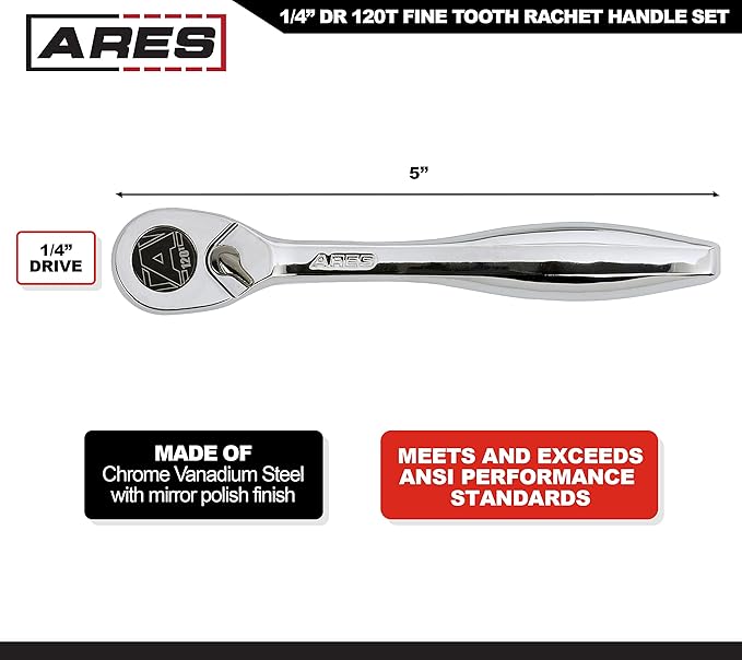 ARES 42068-1/4-Inch Drive 120 Tooth Ratchet – 3 Degree Swing Arc - Reversible Ratcheting Mechanism - Ergonomic Handle and Professional Gear Structure