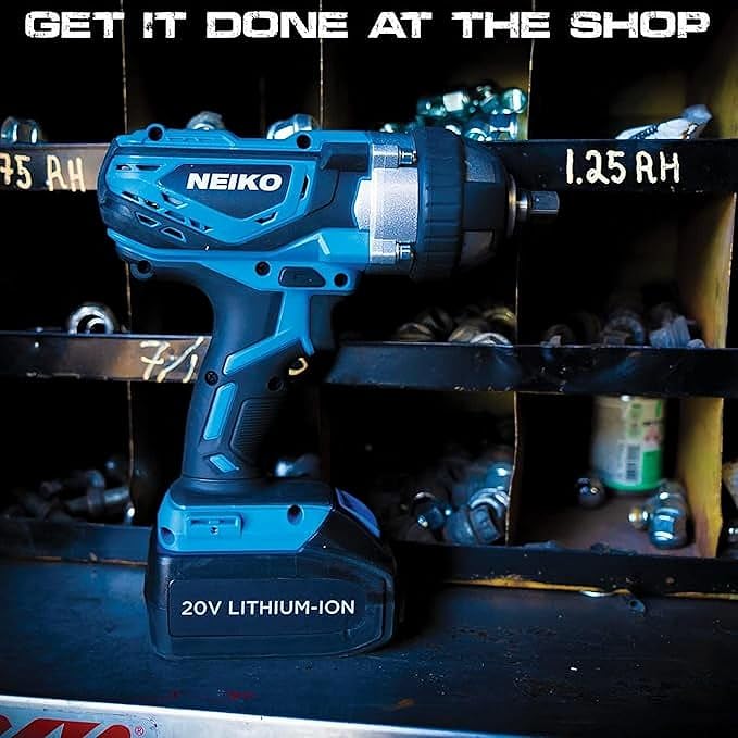 Neiko 10878A 1/2-Inch-Drive High-Torque Cordless Electric Impact-Wrench Kit with 20-Volt Lithium-Ion Charging Battery and 4 1/2-Inch-Drive Sockets
