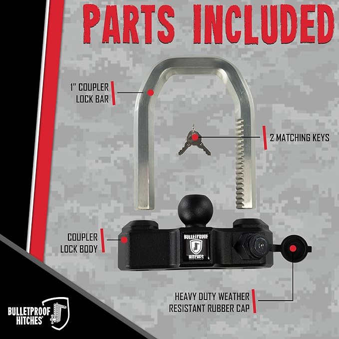 BulletProof Hitches - Extreme Duty Trailer Coupler Lock - Universal Trailer Lock with 1" Solid Steel Bar - Fits 1-7/8", 2" and 2-5/16" Couplers - Heat-Treated & Pick-Resistant