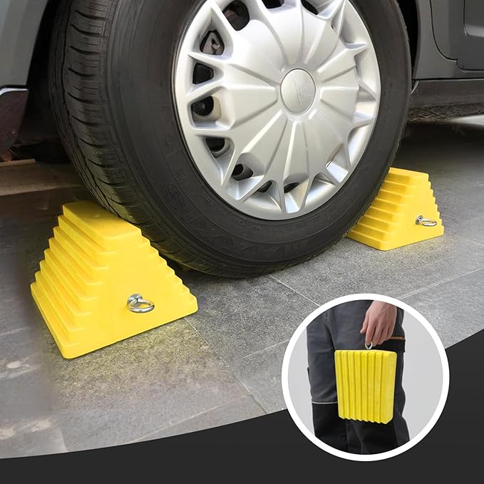 HOXWELL Premium 4 pcs Heavy Duty Wheel Tire Chocks, Vehicle Chocks with Eyebolt for Travel Trailers, Camper, Truck, Car and ATV 4 Pack, Yellow