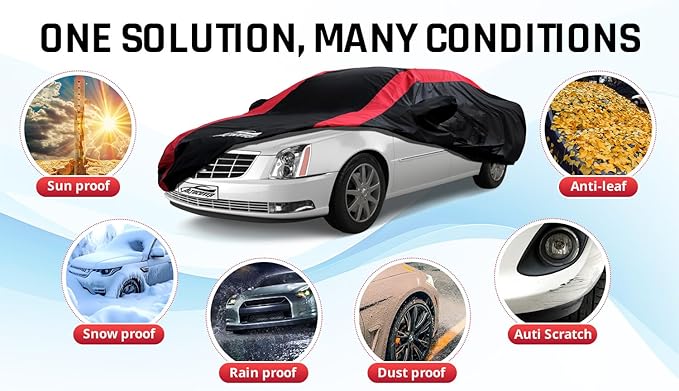 Car Cover Waterproof All Weather with Red Strip Design, Custom Fit for DTS(2006–2011), XTS(2013-2019), CT6(2016-2020), DTS Accessory with Door Zipper & Windproof Straps