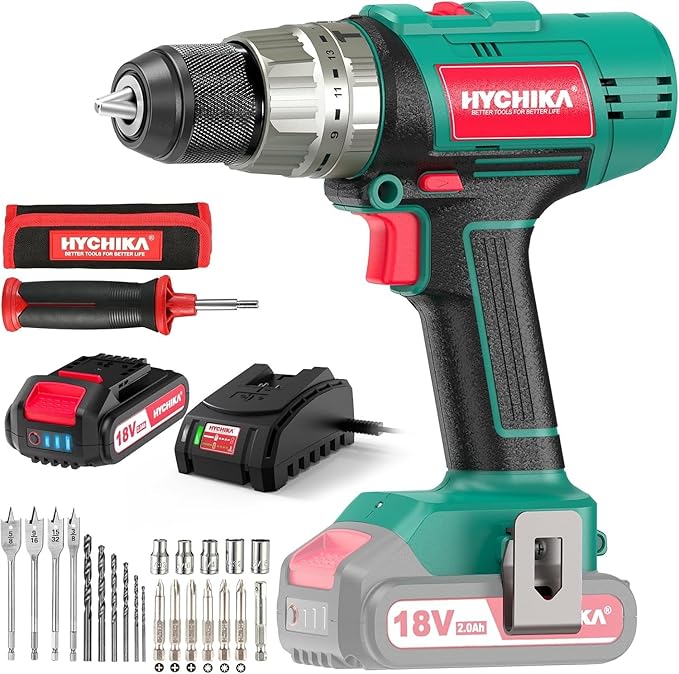 HYCHIKA 18V Cordless Hammer Drill Driver, Bi-Metal Hole Saw Kit 3/4" to 2-1/2", Tool Combo Kit