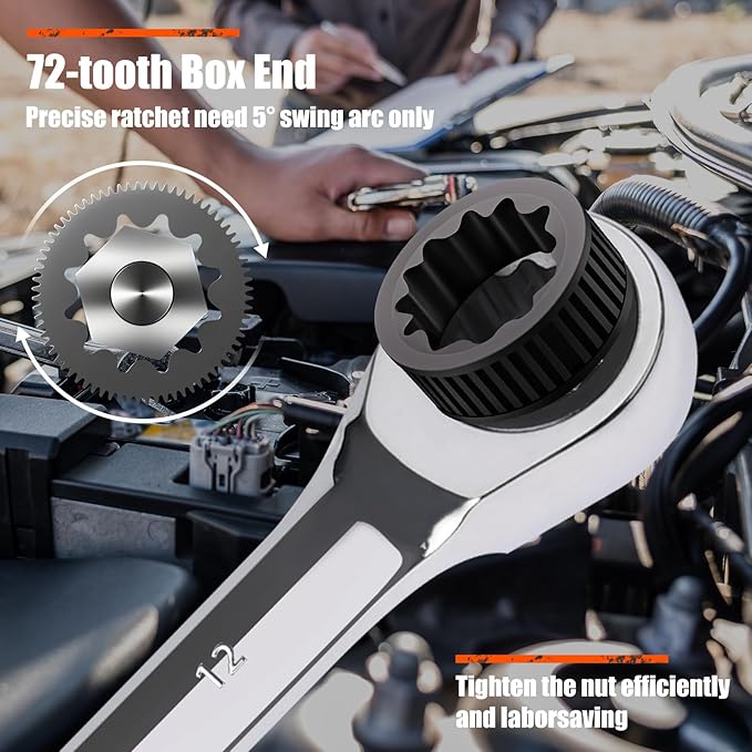 Egofine 10mm Wrench Metric and 7/16 Wrench, Metric and Standard Wrench Set, Industrial Grade Gear Spanner with 12 Point Box End, 72-Teeth Ratchet, Chrome Vanadium Steel