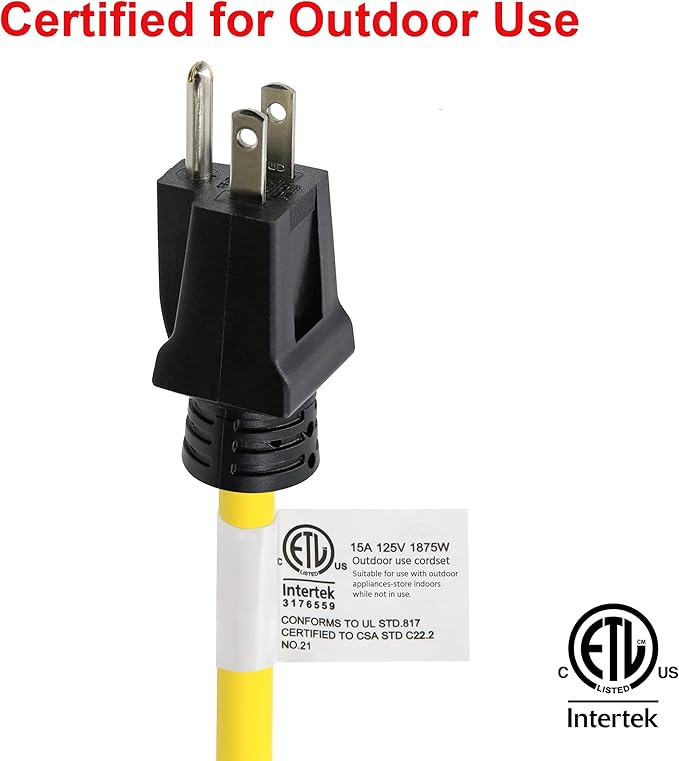 Clear Power 100 ft 12/3 SJTW Heavy Duty Outdoor Extension Cord, Water & Weather Resistant, Flame Retardant, Yellow, 3 Prong Grounded Plug, CP10146