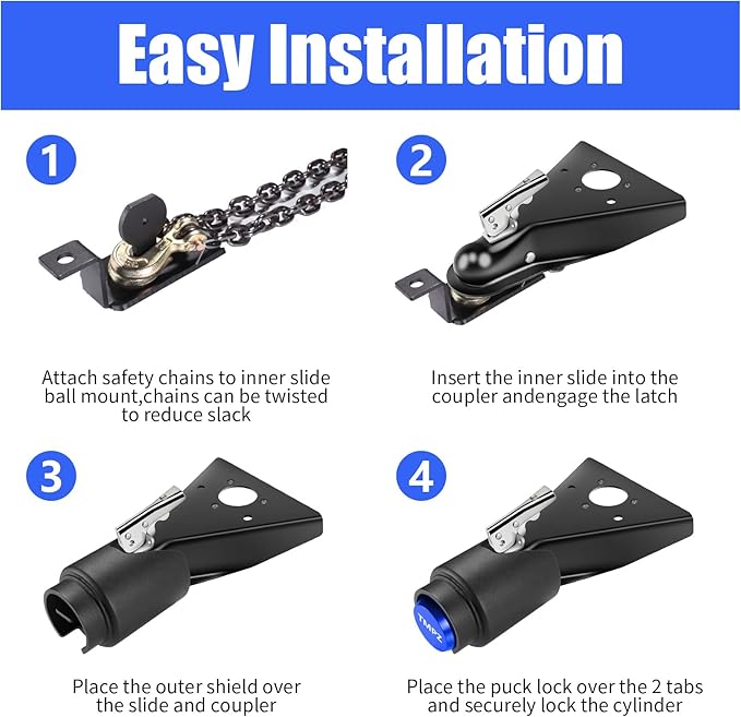 TMPZ Upgraded Heavy Duty Steel Trailer Hitch Lock for Most 2 Inch Couplers – Coupler Lock Secures Safety Chains, Anti-Theft Weatherproof Protection for RV, Pickup, Camper & Utility Trailers (Blue)