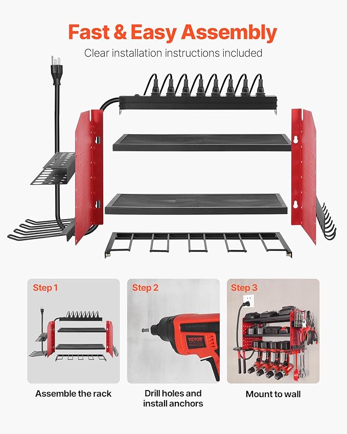 VEVOR Power Tool Organizer with Charging Station, 3-Layer Drill Storage Rack with 4 Drill Holders & Side Pegboard, Garage Tool Organizer Built in 8 Outlet Power Strips for Garage, Workbench, Workshop