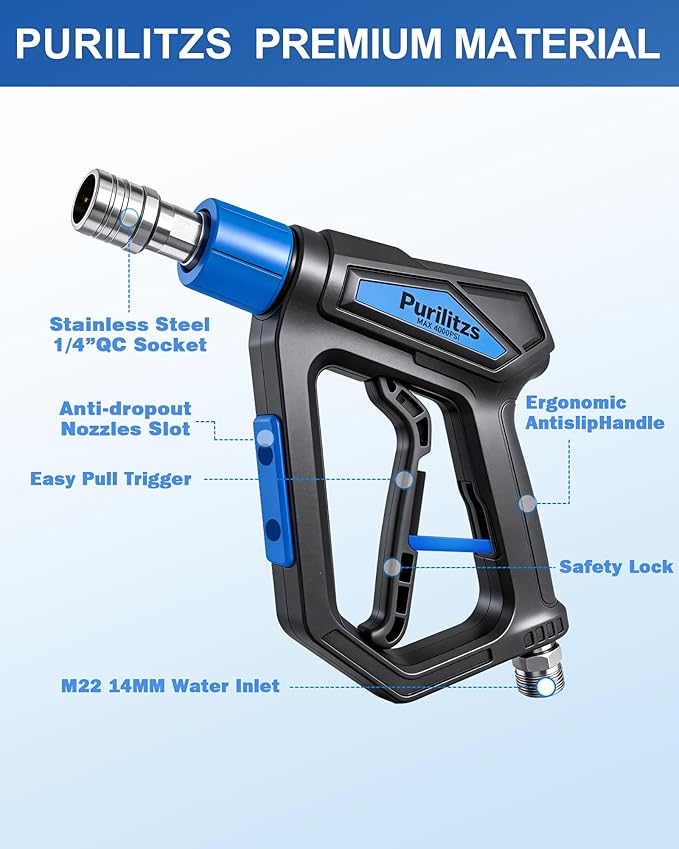 Pressure Washer Gun 4000PSI M22 14/15MM Inlet, Stubby Short Power Washing Gun with 1/4'' Quick Connect for Foam Cannon, Homework Cleaning & Car Wash