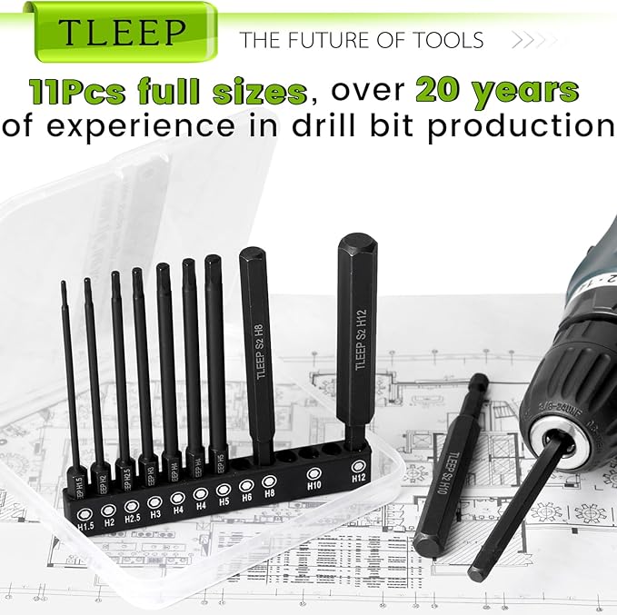 11Pcs 4" Allen Wrench Drill Bit Set 1.5mm-12mm, 1/4" Hex Shank Long Metric Hex Key Set with Case for IKEA Type Furniture, S2 Steel Black Drill Bits Tools for Narrow Spaces, 11 Pieces Full Sizes