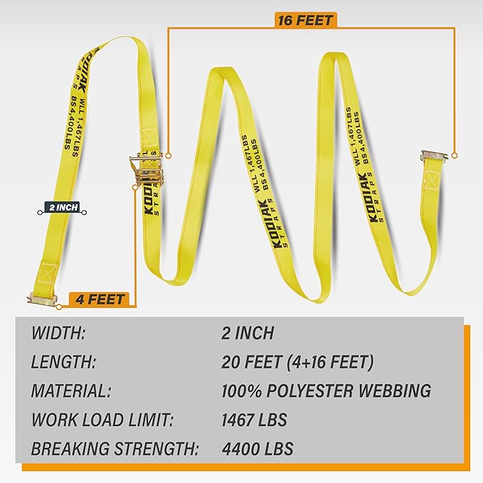 8 Pack E-Track Ratchet Straps 2" x 20' x 4,400 lbs Strength for Cargo Tie Down in Enclosed Trailer & Van by KODIAK STRAPS